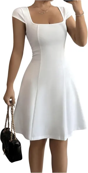 SOLY HUX Women's Square Neck Cap Sleeve Dress A Line Flared Summer Mini Dresses