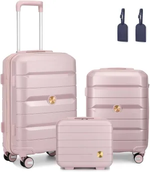 Somago Luggage Sets 3 Piece Hard Shell Polypropylene Suitcase with TSA Lock Spinner Carry On Luggage with Beauty Case Travel Set,Nude Pink