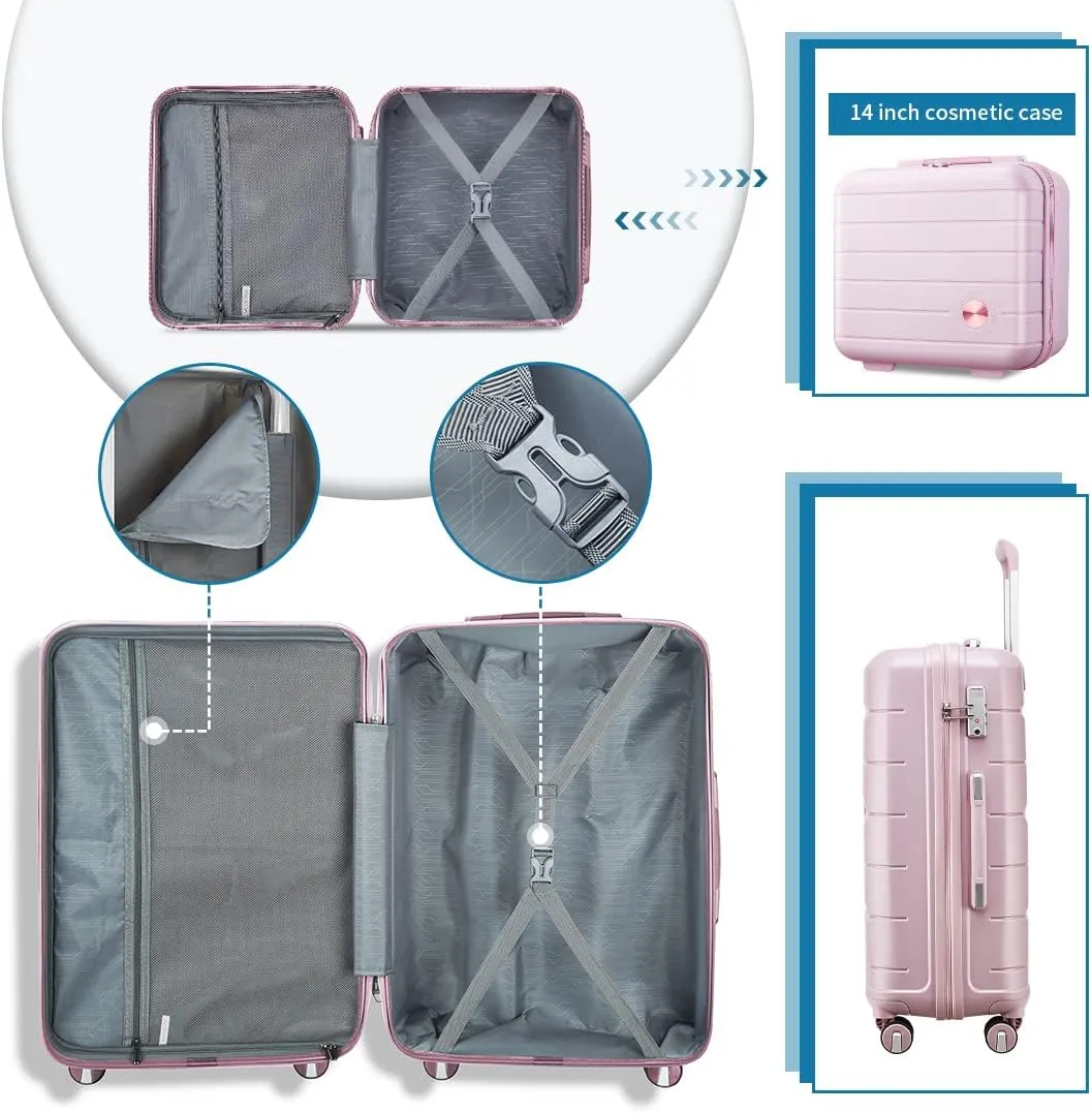 Somago Luggage Sets 3 Piece Hard Shell Polypropylene Suitcase with TSA Lock Spinner Carry On Luggage with Beauty Case Travel Set,Nude Pink