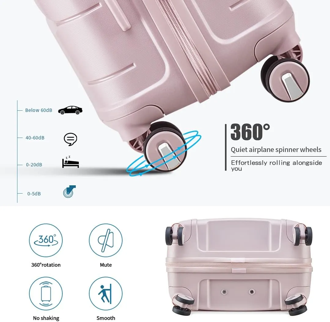 Somago Luggage Sets 3 Piece Hard Shell Polypropylene Suitcase with TSA Lock Spinner Carry On Luggage with Beauty Case Travel Set,Nude Pink