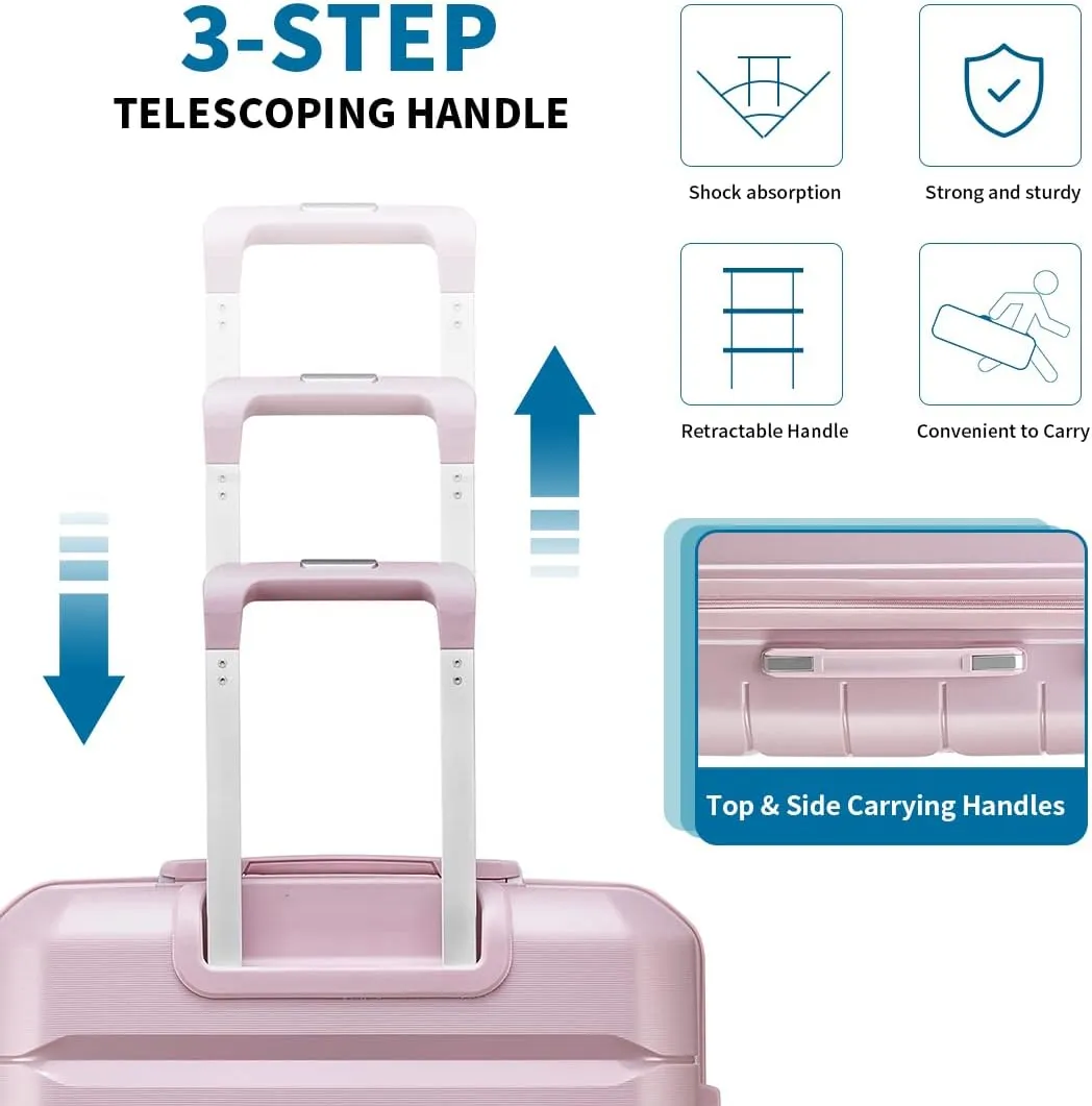 Somago Luggage Sets 3 Piece Hard Shell Polypropylene Suitcase with TSA Lock Spinner Carry On Luggage with Beauty Case Travel Set,Nude Pink