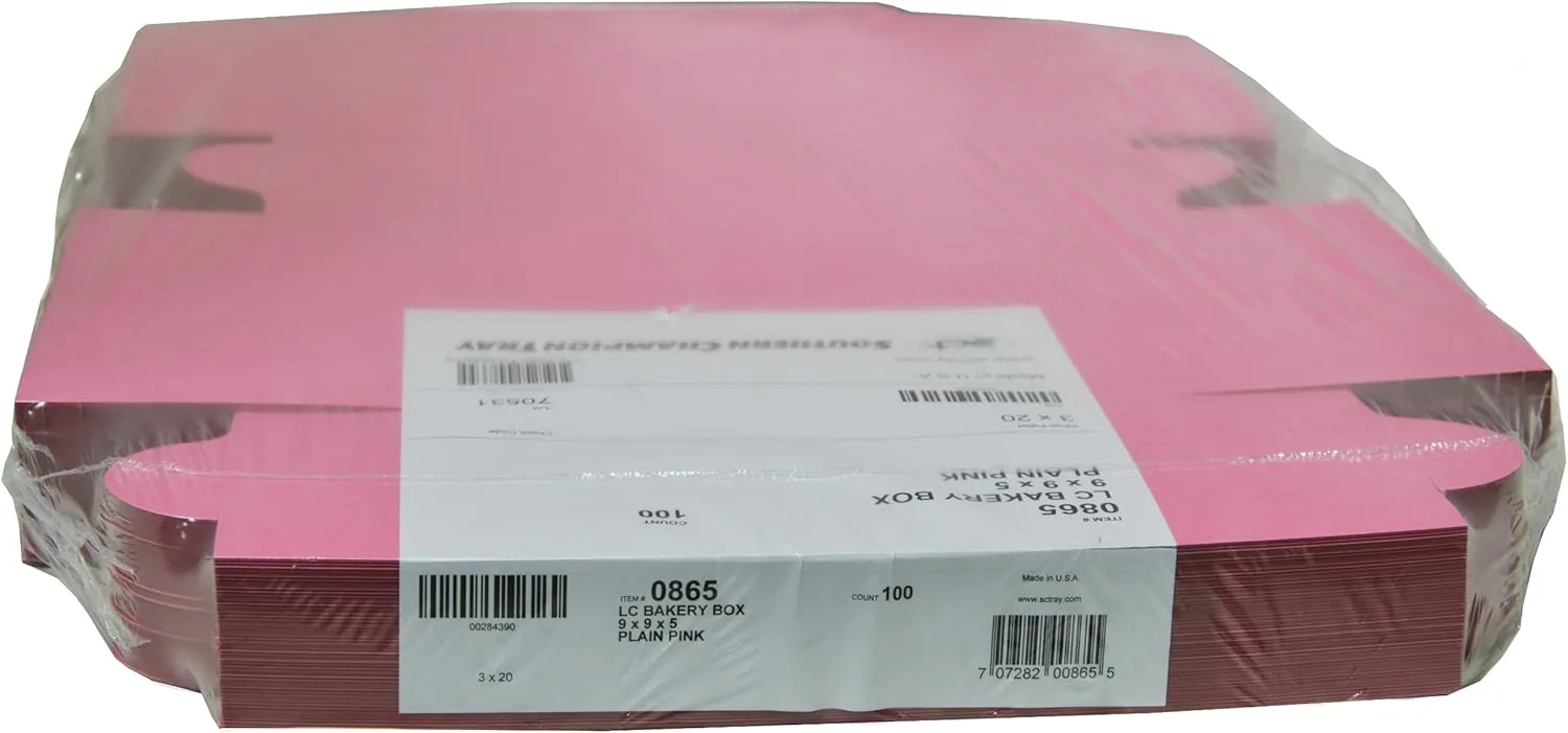 Southern Champion Tray 0865 Pink Paperboard Non-Window Lock-Corner Bakery Box, 9" Length x 9" Width x 5" Height (Case of 100)