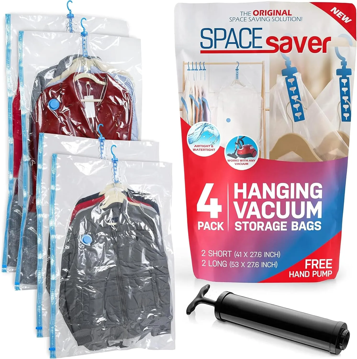 Spacesaver Hanging Vacuum Storage Bags for Coats (Variety 4 Pack) - Vacuum Bag, Closet Organizer, Sealed Storage, Vacuum Sealer Bags, Space Bag for Garment, Clothing, Dress, Suit, Long Coat, Jacket