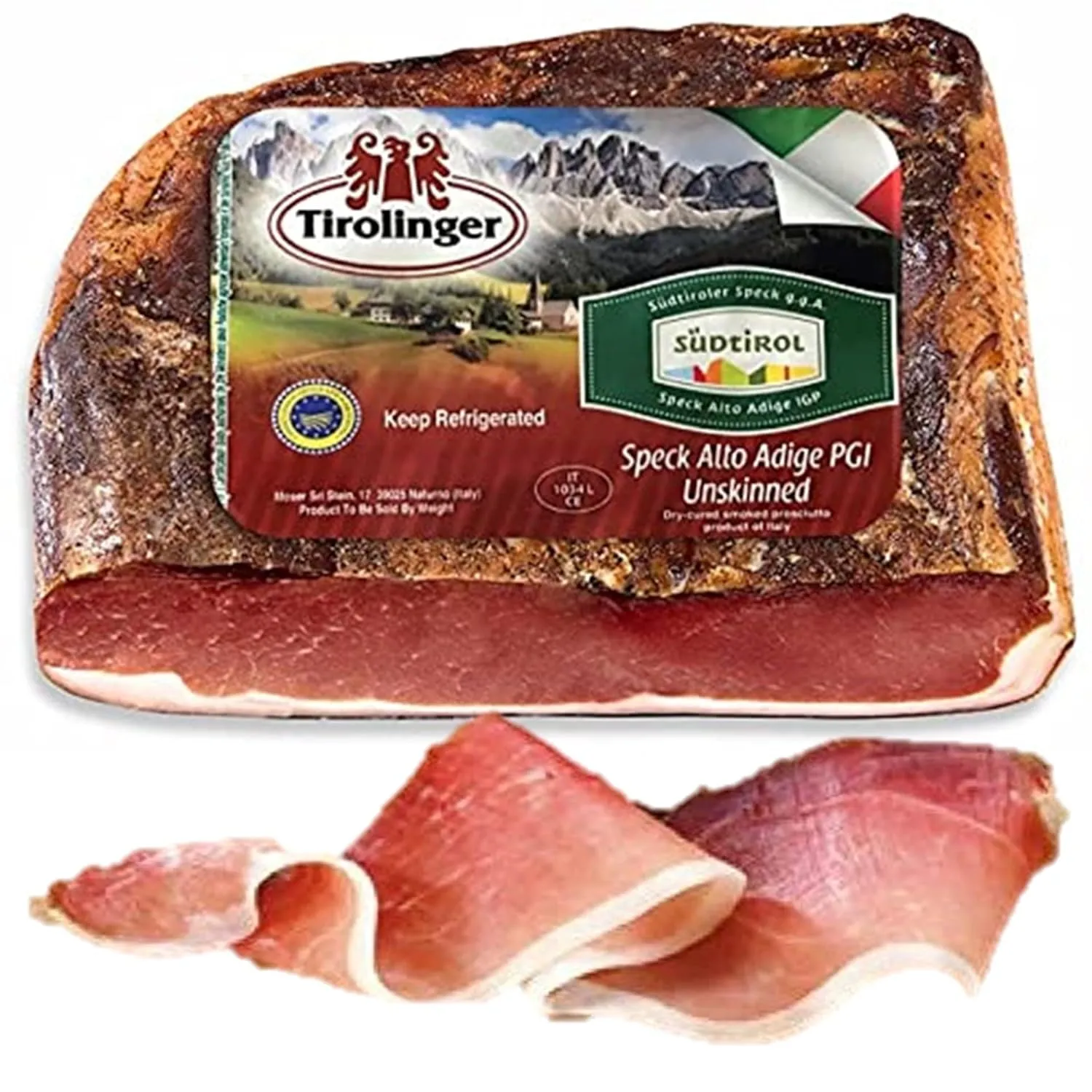 Speck, 6 lbs  /- (4lbs - 6lbs/piece) ,Seasoned and Smoked Italian Ham, Cured in the European Alps Mountains, Alto Adige IGP, Boneless and Ready to Slice, Best sliced paper thin with slicer, (Not Prosciutto), Weight approx. 6 lbs, by Moser Tirolinger brand