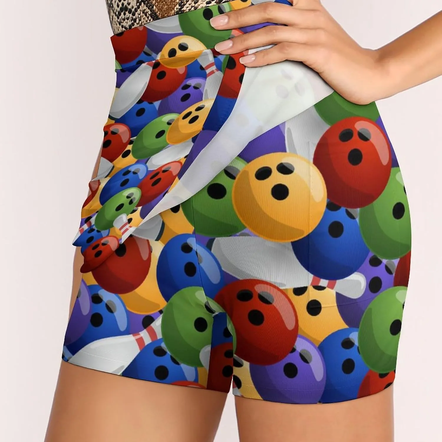Sport with Bowling Ball and Bowling Pins Anti-Exposure Pocket A-line Culottes Waist Skirts for Women