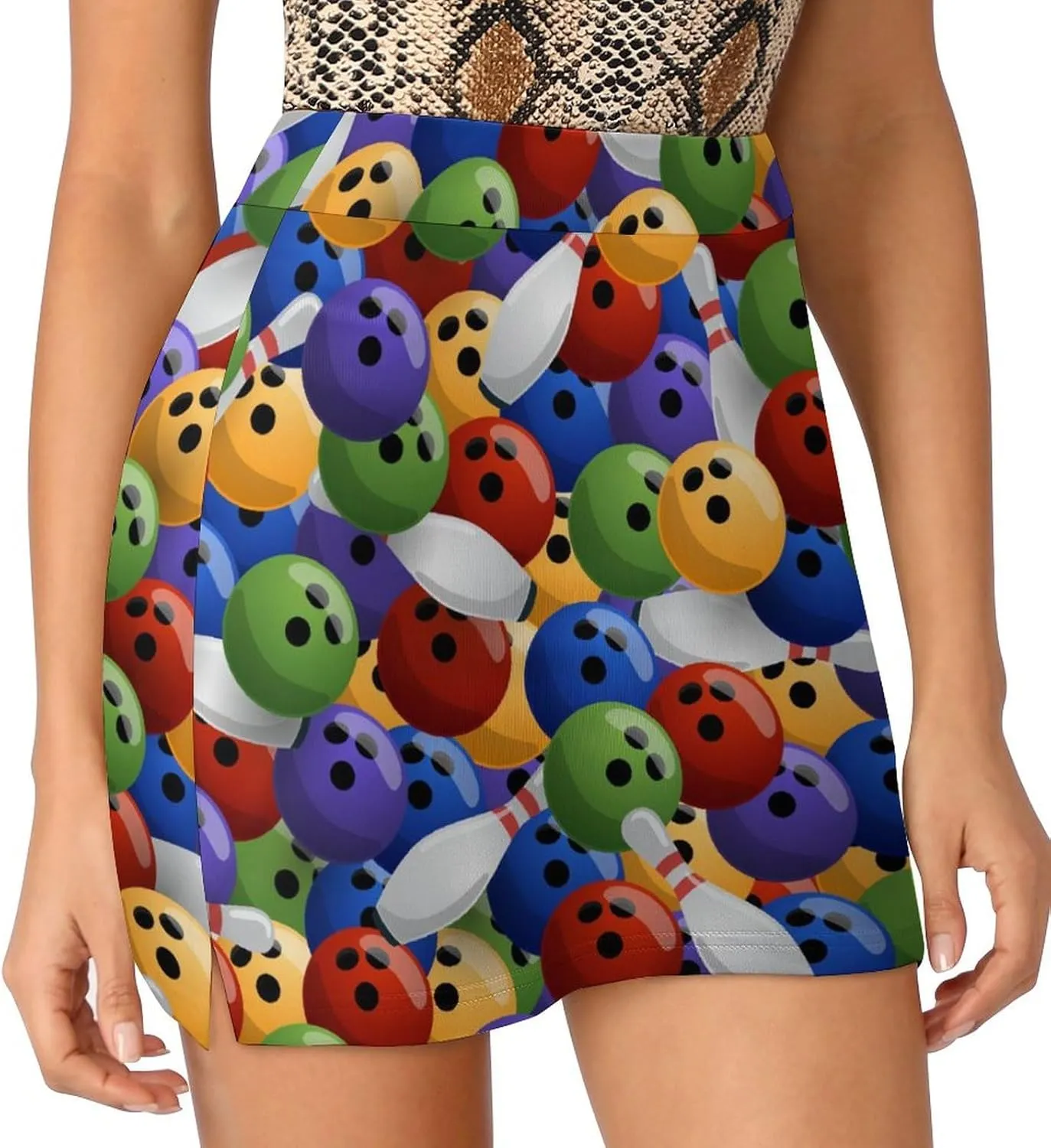 Sport with Bowling Ball and Bowling Pins Anti-Exposure Pocket A-line Culottes Waist Skirts for Women