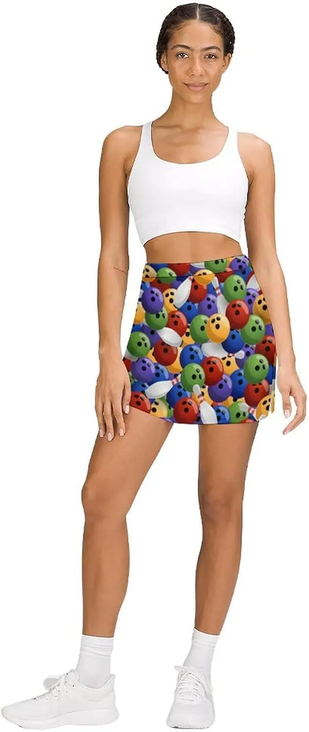 Sport with Bowling Ball and Bowling Pins Anti-Exposure Pocket A-line Culottes Waist Skirts for Women