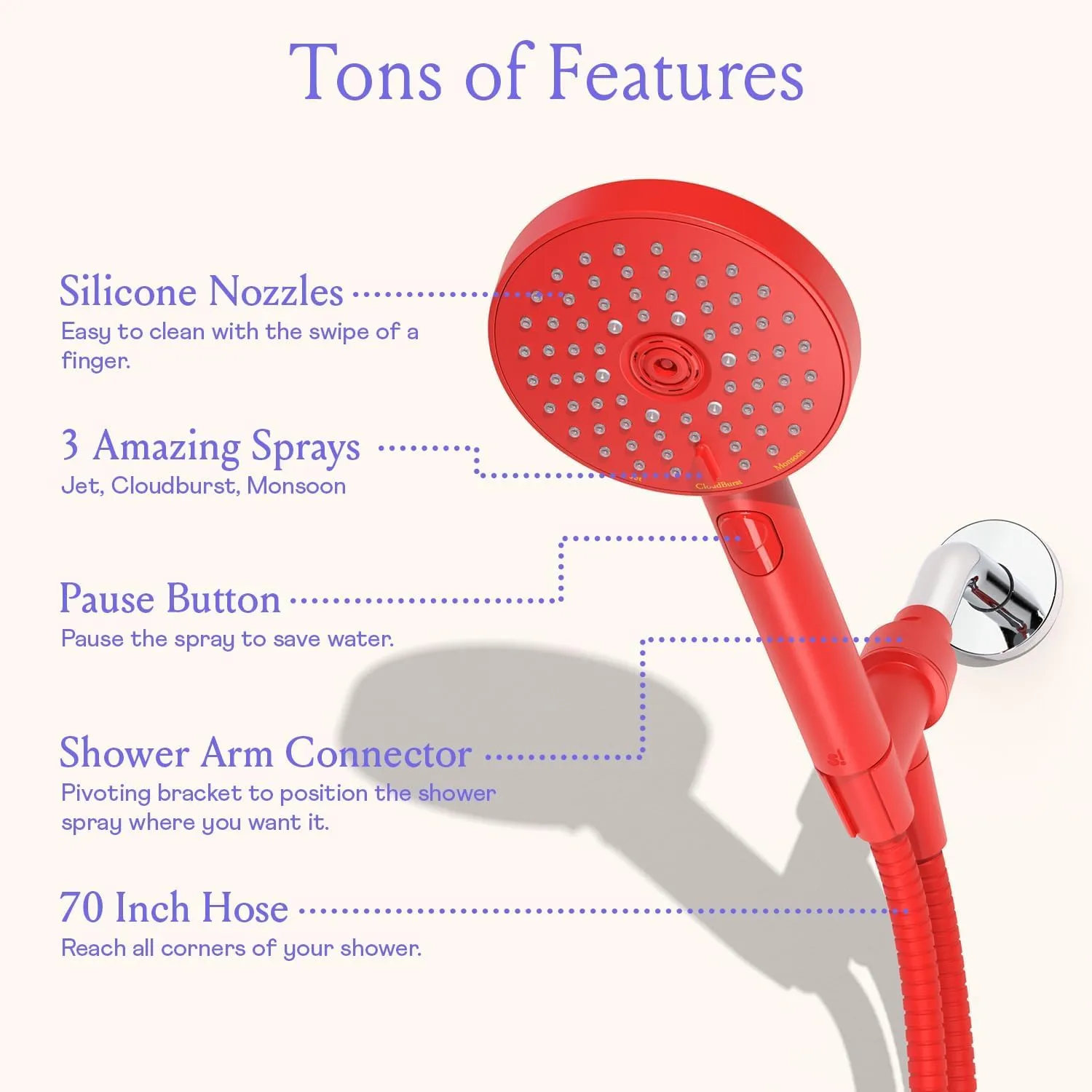 Sproos - Handheld Shower Head, High Pressure, 3 Spray Functions Plus Pause, Extra Long 70 Inch Hose - Eco-friendly Materials - Easy DIY Installation - High Pressure Performance - Green