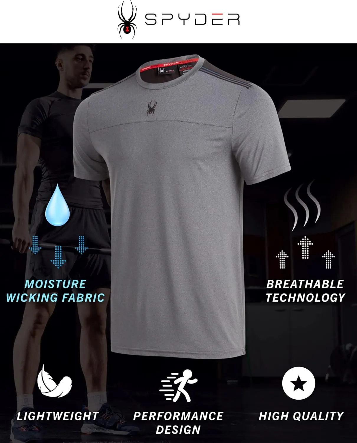 Spyder Men's Athletic T-Shirt - 2 Pack Dry Fit Short Sleeve Performance Sports Tee (S-XL)