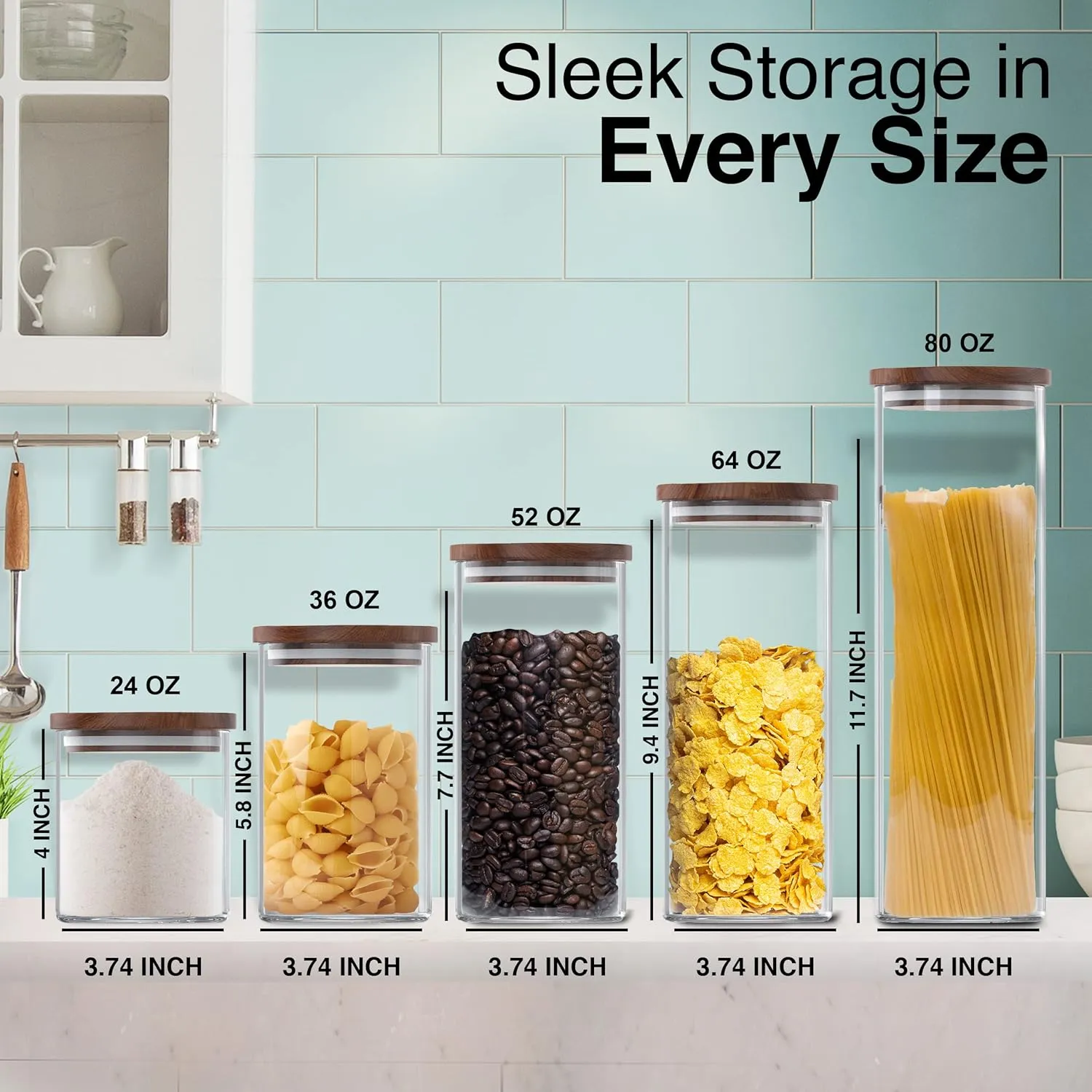 Square Glass Jars with Wood Lids Set of (2) 80 fl oz Airtight and Stackable Storage Containers for Kitchen Pantry or Bathroom BPA Free and Recyclable Canister for Food Cookies Coffee Pasta Sugar