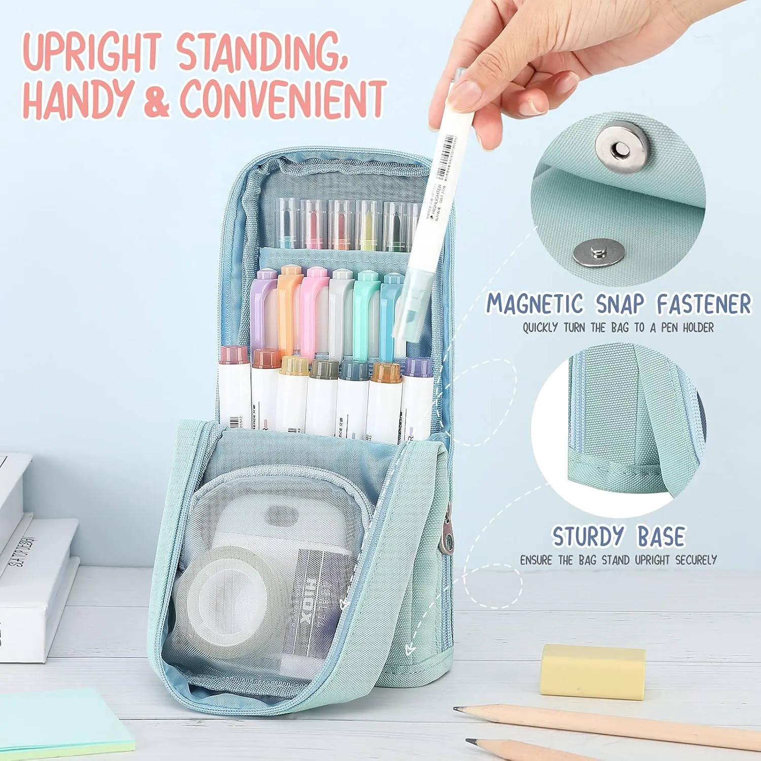 Standing Pencil Case Large Capacity Pen Bag, Multi-Layer Pen Pouch Pencil Holder Stationery Organizer, Polyester Pencil Bag Storage Box Desk Organizer