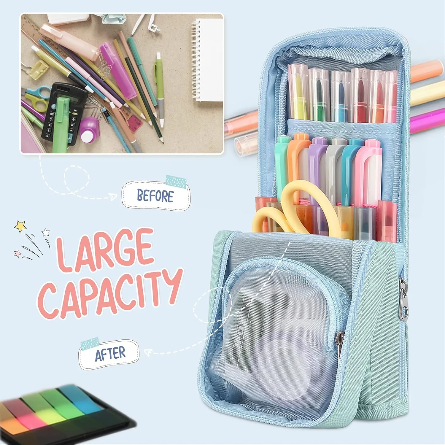 Standing Pencil Case Large Capacity Pen Bag, Multi-Layer Pen Pouch Pencil Holder Stationery Organizer, Polyester Pencil Bag Storage Box Desk Organizer
