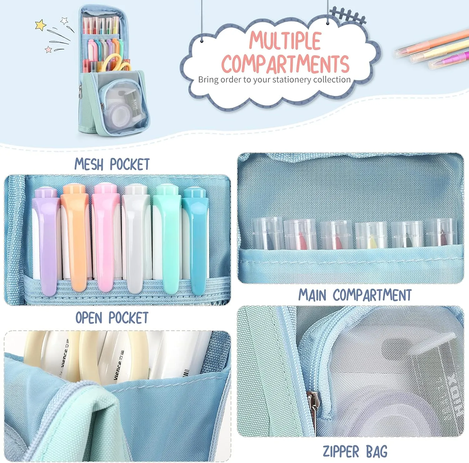 Standing Pencil Case Large Capacity Pen Bag, Multi-Layer Pen Pouch Pencil Holder Stationery Organizer, Polyester Pencil Bag Storage Box Desk Organizer