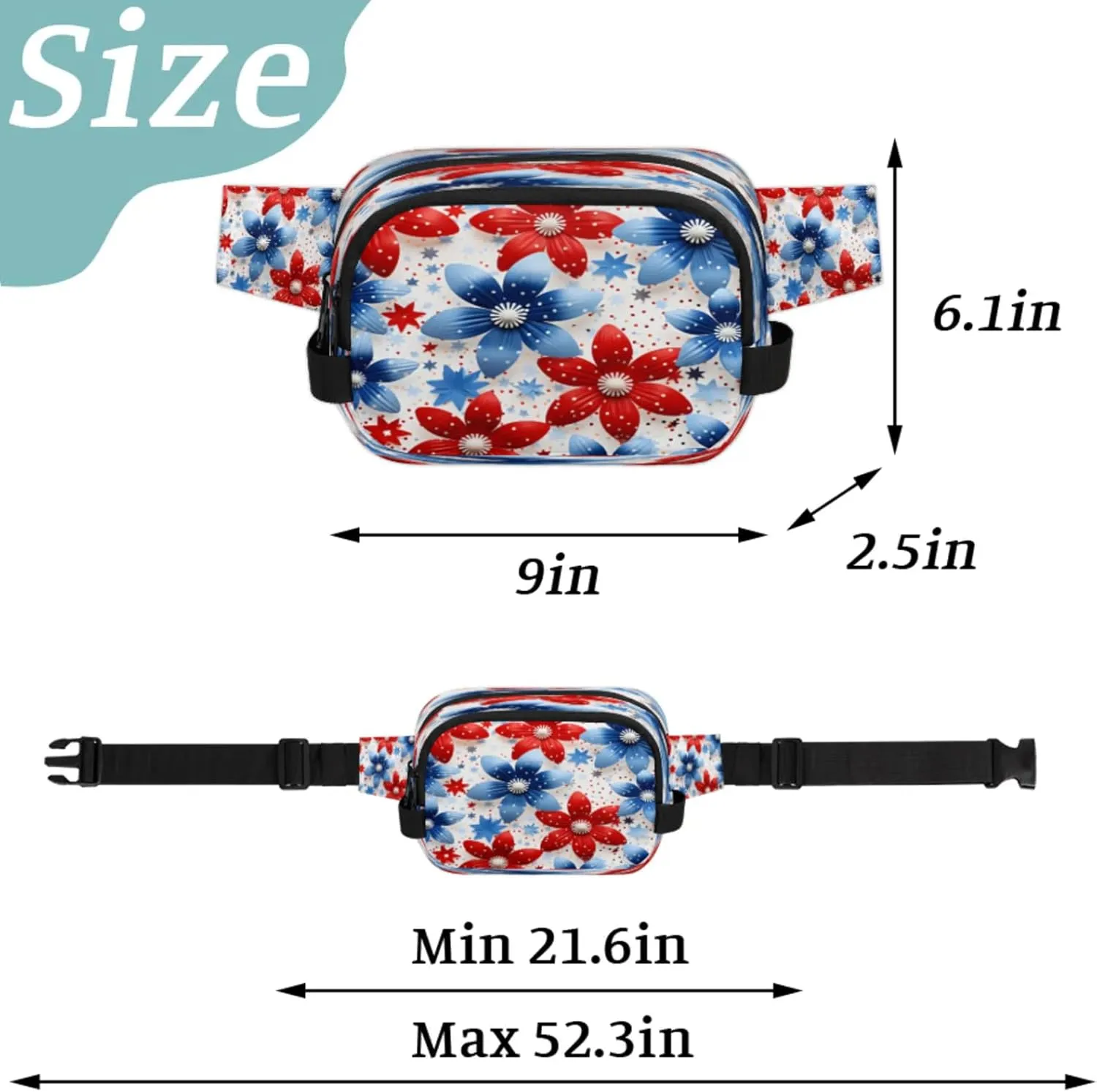 Starlit Florals Waterproof Unisex Square Fanny Pack, Adjustable Waist Bag with Pockets, Sturdy Lightweight Crossbody Bag for Travel, Running, Hiking (9x6.1x2.5 Inches)