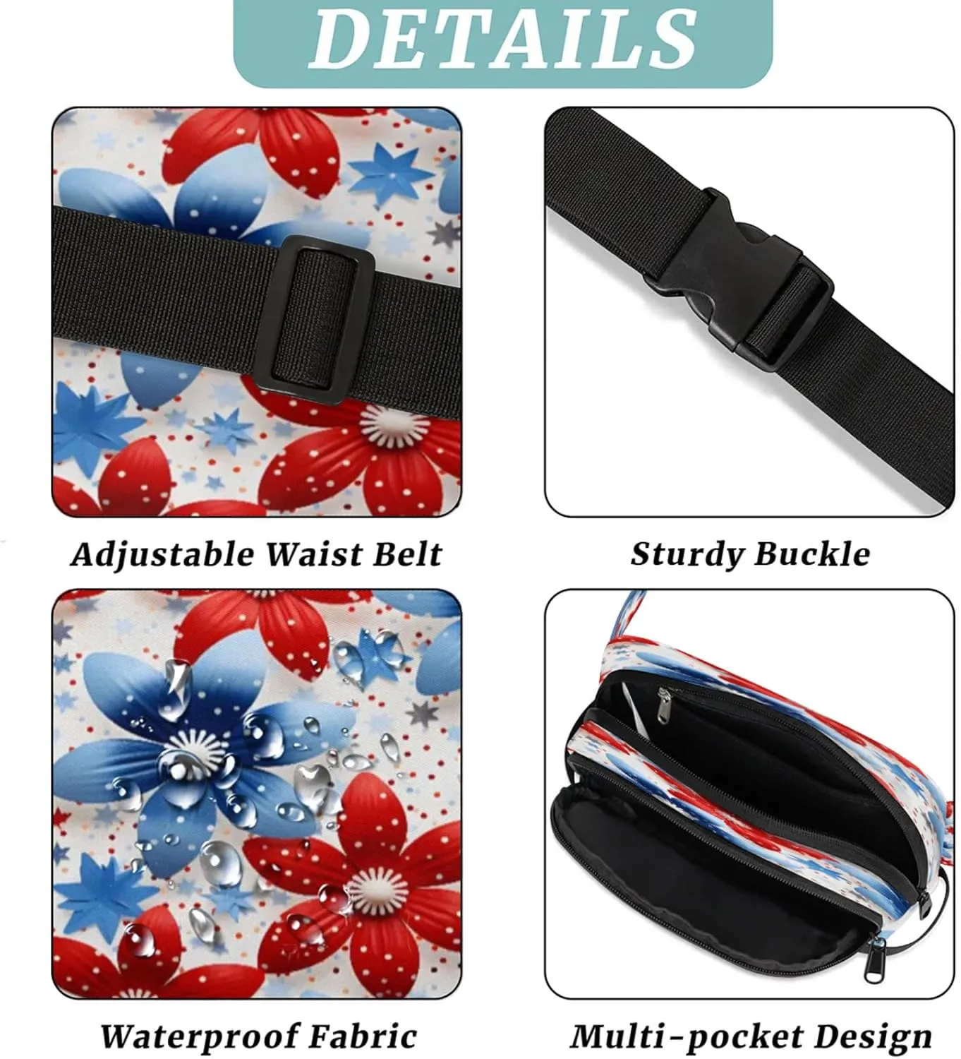 Starlit Florals Waterproof Unisex Square Fanny Pack, Adjustable Waist Bag with Pockets, Sturdy Lightweight Crossbody Bag for Travel, Running, Hiking (9x6.1x2.5 Inches)