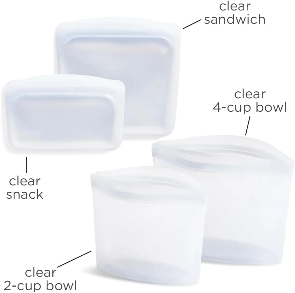 Stasher Premium Silicone Reusable Food Storage Bags, 4-Pack, Clear | Multi-Use Food Storage Bags, Lunch Bag, Travel Containers | BPA Free, Leak-free, Dishwasher-Safe, Eco-friendly