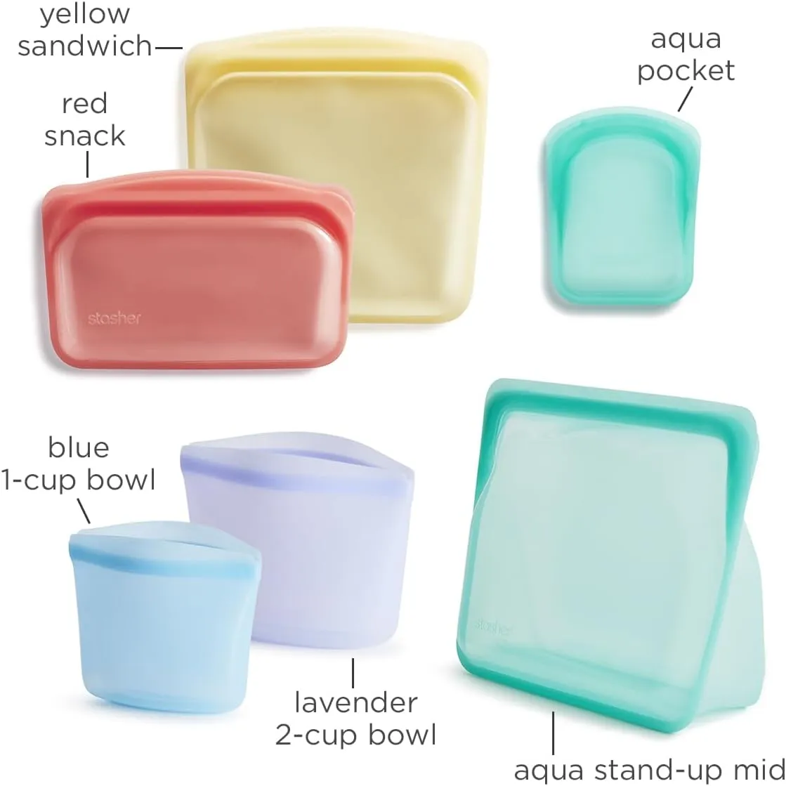 Stasher Premium Silicone Reusable Food Storage Bags, 6-Pack, Rainbow | Multi-Use Food Storage Bags, Lunch Bag, Travel Containers | BPA Free, Leak-free, Dishwasher-Safe, Eco-friendly
