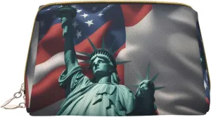 Statue Of Liberty Flag Leather Toiletry Organizer Bag, Travel-Friendly Makeup Pouch For Women