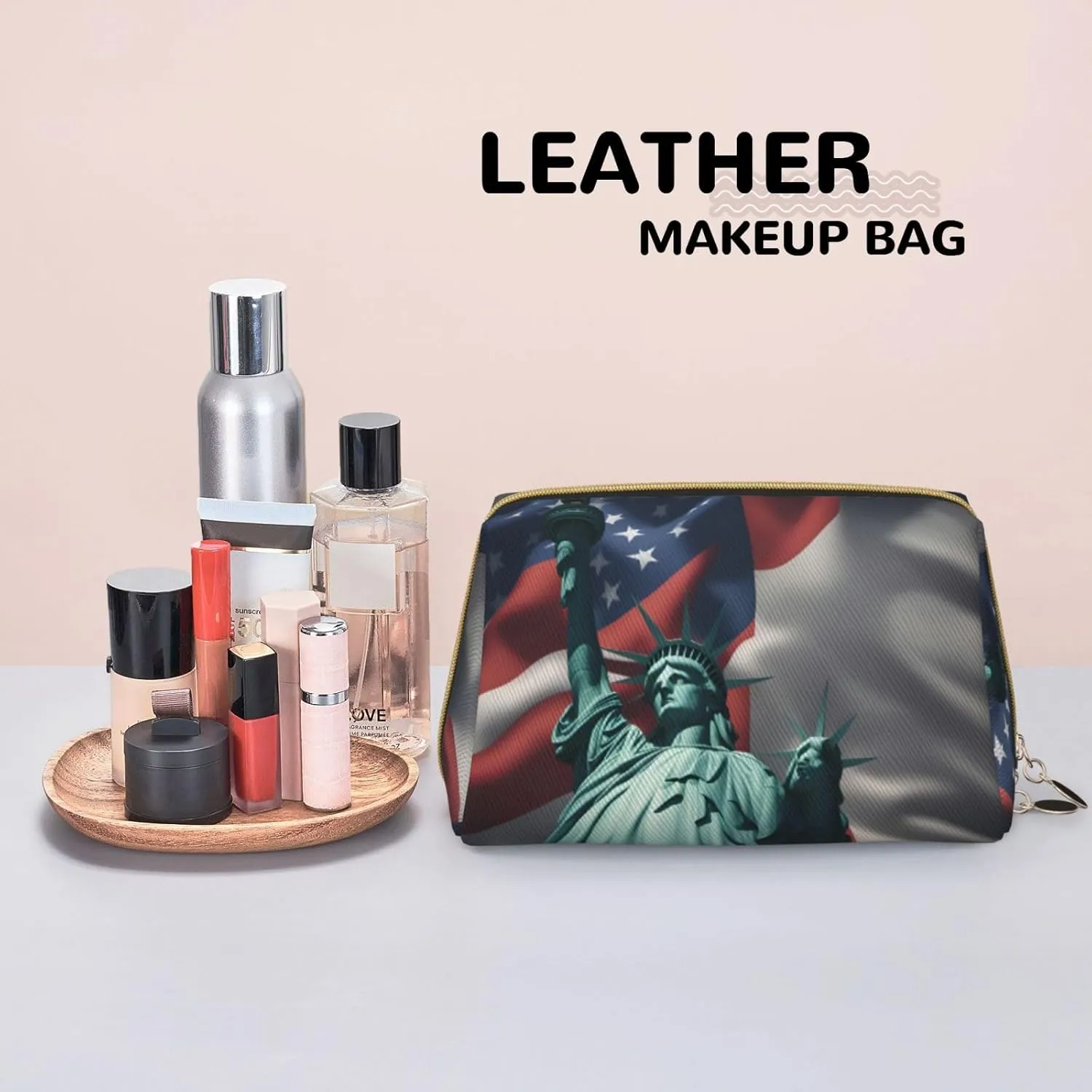 Statue Of Liberty Flag Leather Toiletry Organizer Bag, Travel-Friendly Makeup Pouch For Women