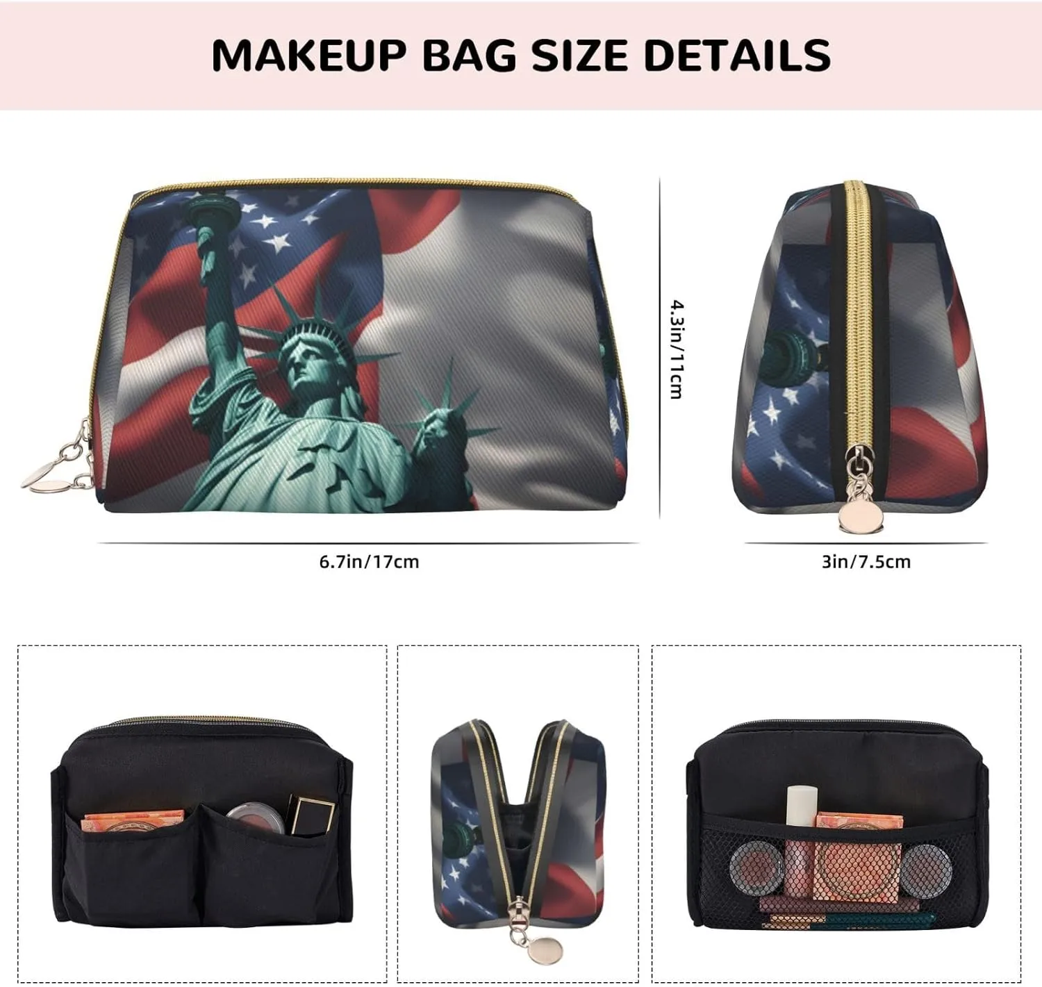 Statue Of Liberty Flag Leather Toiletry Organizer Bag, Travel-Friendly Makeup Pouch For Women