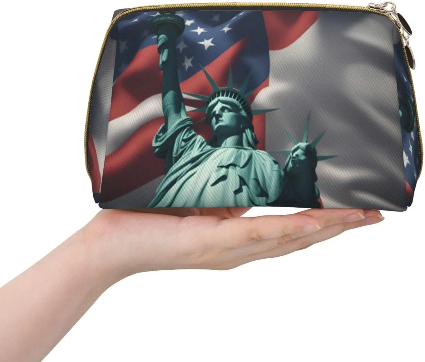 Statue Of Liberty Flag Leather Toiletry Organizer Bag, Travel-Friendly Makeup Pouch For Women