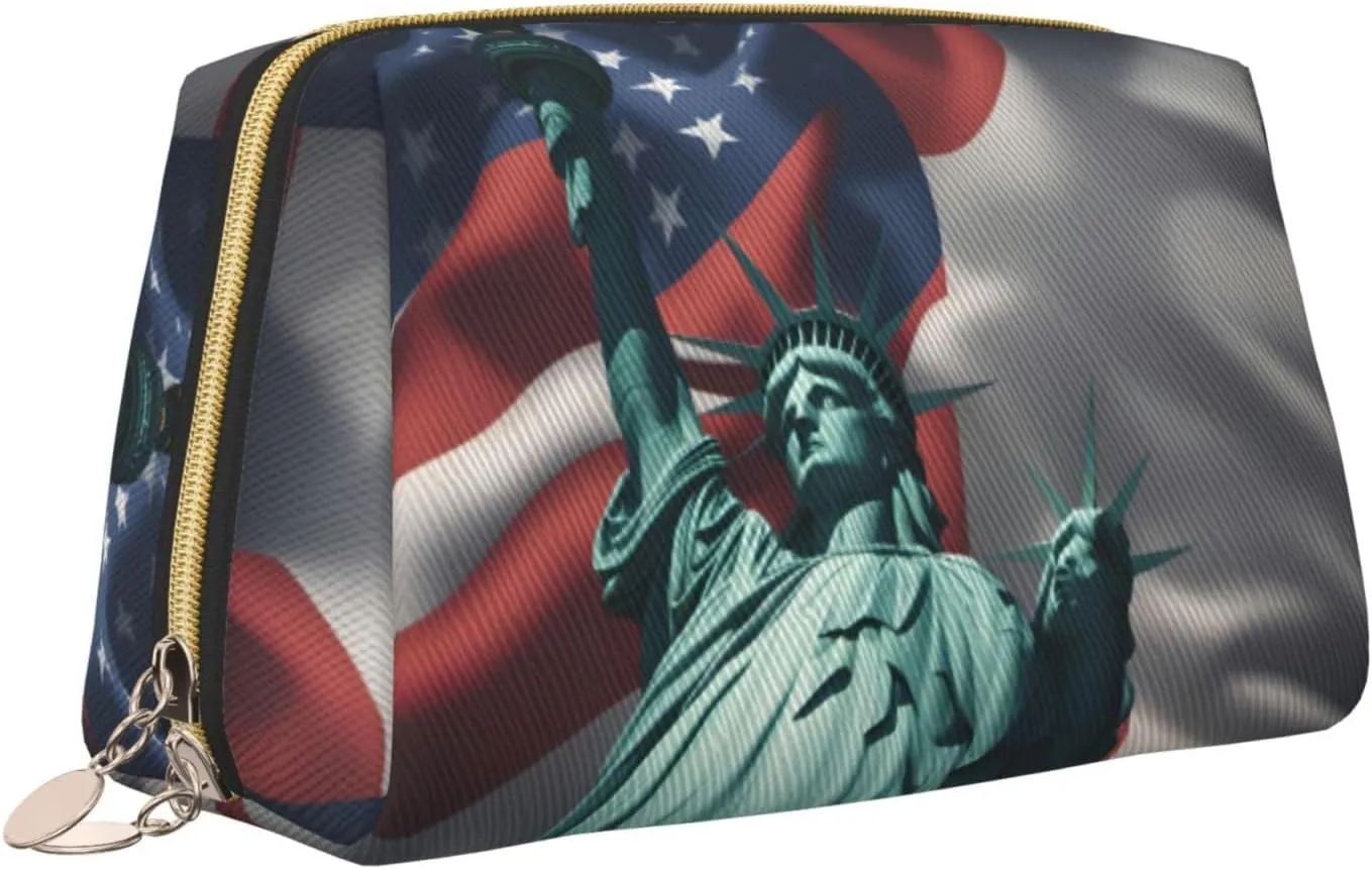 Statue Of Liberty Flag Leather Toiletry Organizer Bag, Travel-Friendly Makeup Pouch For Women