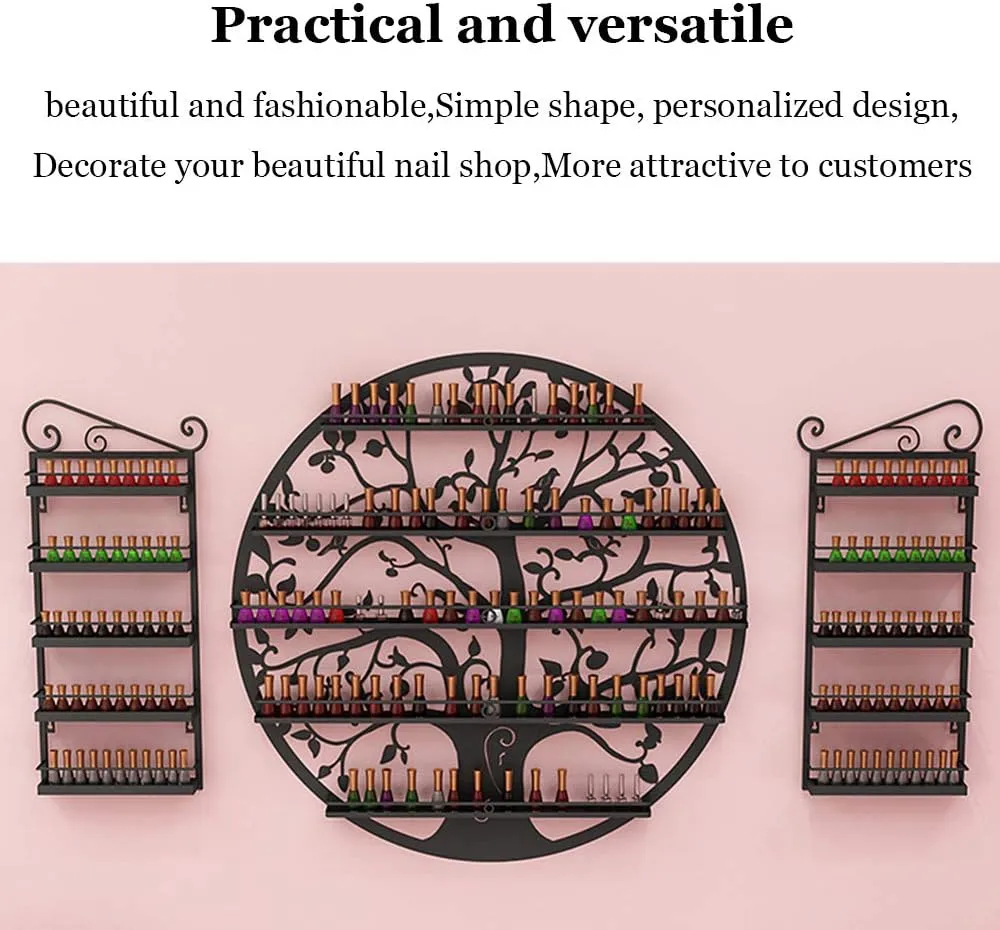 Storage Rack. Wall-Mounted 5-Layer Nail Polish Holder Essential Oil, Tree Silhouette Round Metal Salon Wall Hanging Art Display Stand,Lipstick Perfume Cosmetic, for Nail Salons/Retail Sho/Bla (Black