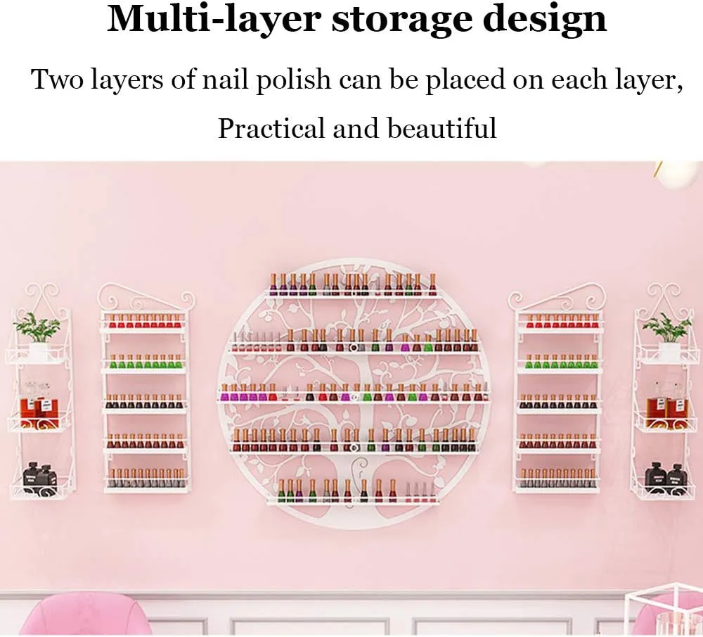 Storage Rack. Wall-Mounted 5-Layer Nail Polish Holder Essential Oil, Tree Silhouette Round Metal Salon Wall Hanging Art Display Stand,Lipstick Perfume Cosmetic, for Nail Salons/Retail Sho/Bla (Black