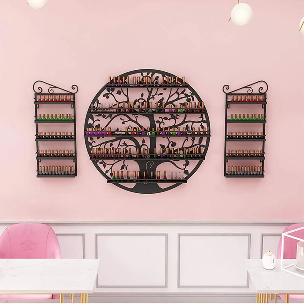 Storage Rack. Wall-Mounted 5-Layer Nail Polish Holder Essential Oil, Tree Silhouette Round Metal Salon Wall Hanging Art Display Stand,Lipstick Perfume Cosmetic, for Nail Salons/Retail Sho/Bla (Black