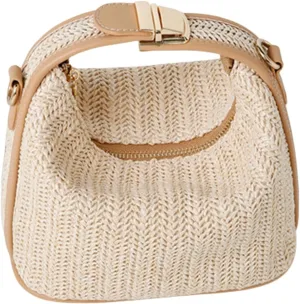 Straw Crossbody Bag for Women, Top Handle Woven Purse, Summer Handmade Bucket Clutch Fashion Beach Raffia Tote Handbag