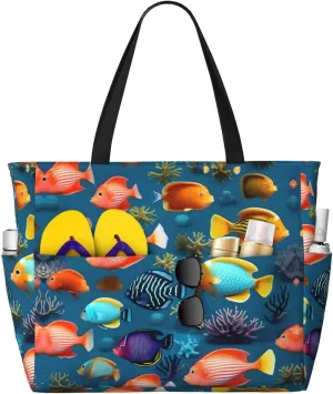 Submarine reef fish Large Capacity Beach Travel Bag, Foldable Beach Bag with Zipper, Great for Grocery Bag Pool Gym Travel Shopping