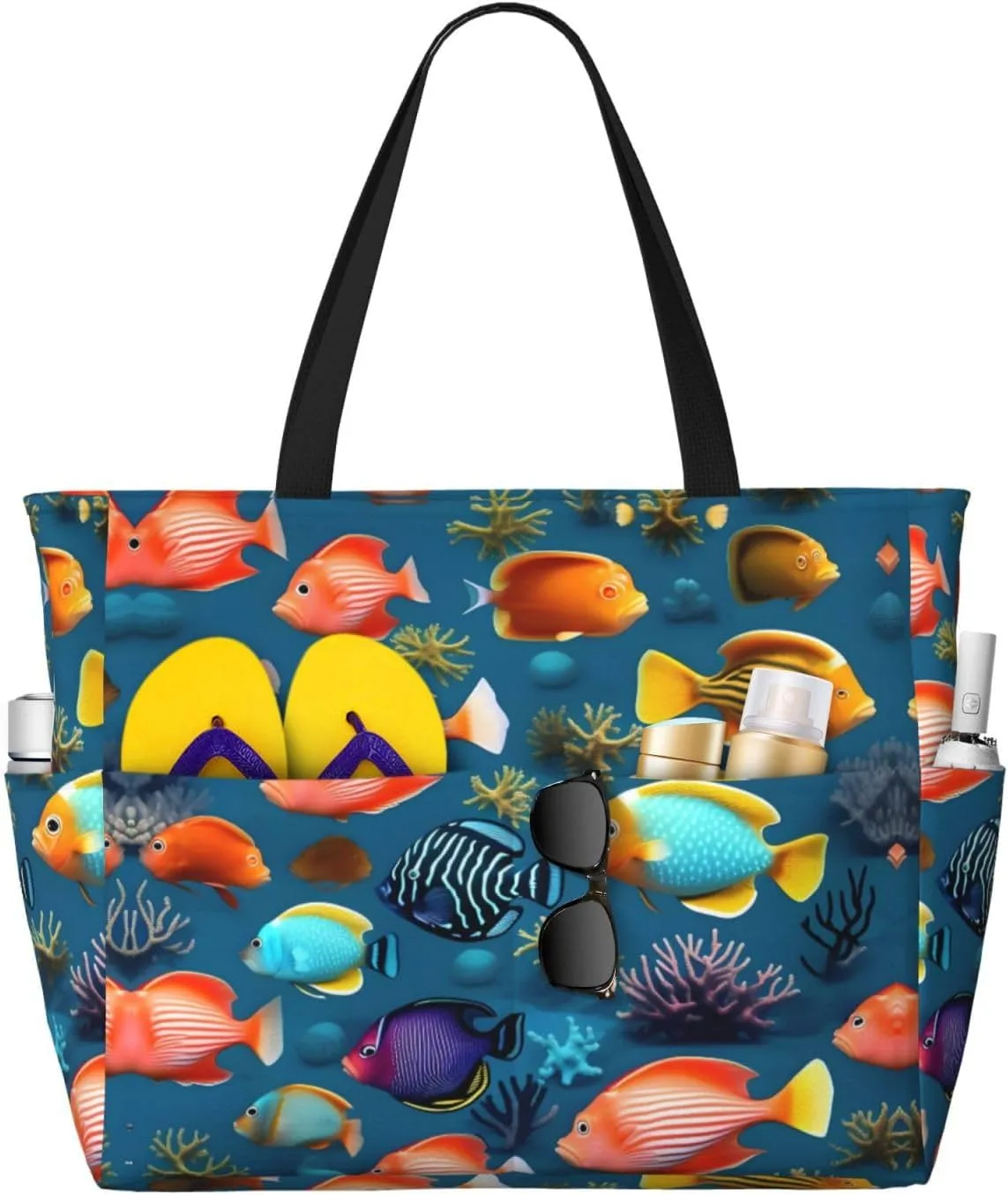 Submarine reef fish Large Capacity Beach Travel Bag, Foldable Beach Bag with Zipper, Great for Grocery Bag Pool Gym Travel Shopping