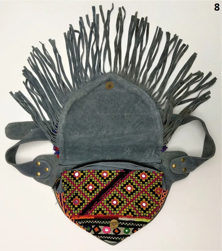 Suede fanny pack with vintage embroidered Kuchi fabrics - suède embroidered hip bag