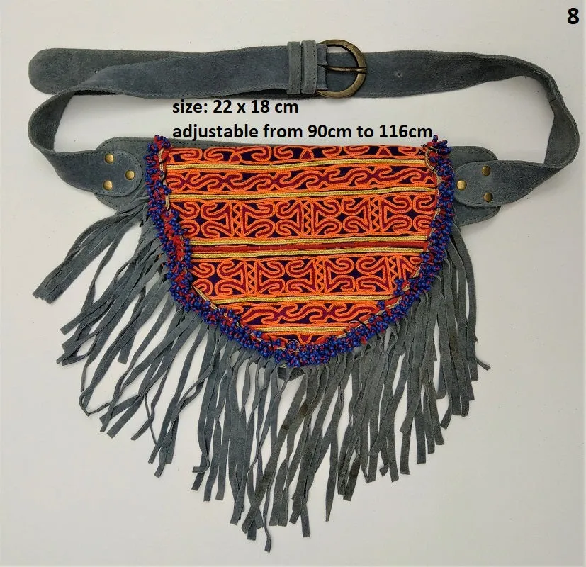 Suede fanny pack with vintage embroidered Kuchi fabrics - suède embroidered hip bag