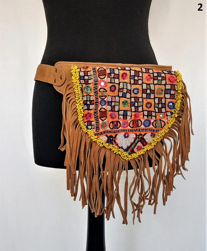 Suede fanny pack with vintage embroidered Kuchi fabrics - suède embroidered hip bag