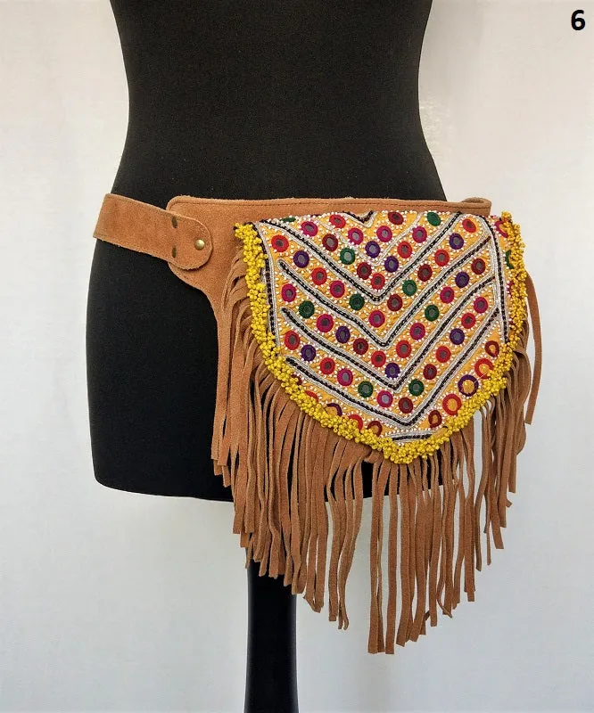 Suede fanny pack with vintage embroidered Kuchi fabrics - suède embroidered hip bag