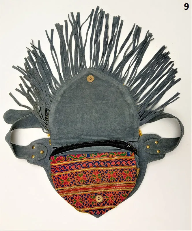 Suede fanny pack with vintage embroidered Kuchi fabrics - suède embroidered hip bag