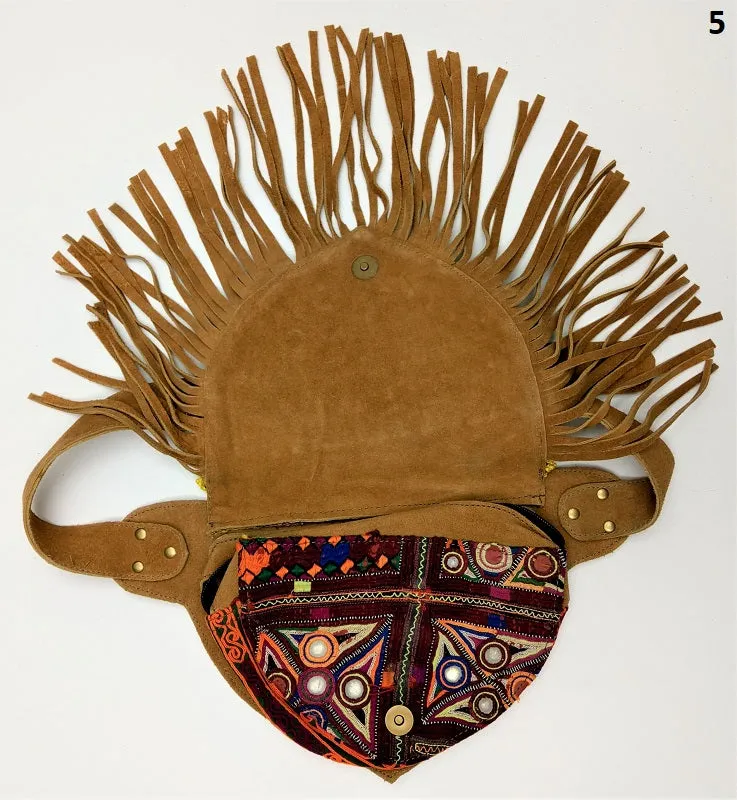 Suede fanny pack with vintage embroidered Kuchi fabrics - suède embroidered hip bag