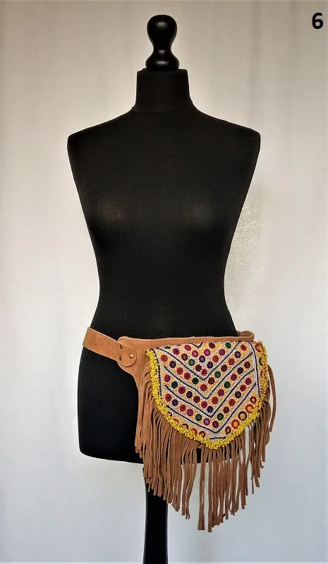 Suede fanny pack with vintage embroidered Kuchi fabrics - suède embroidered hip bag