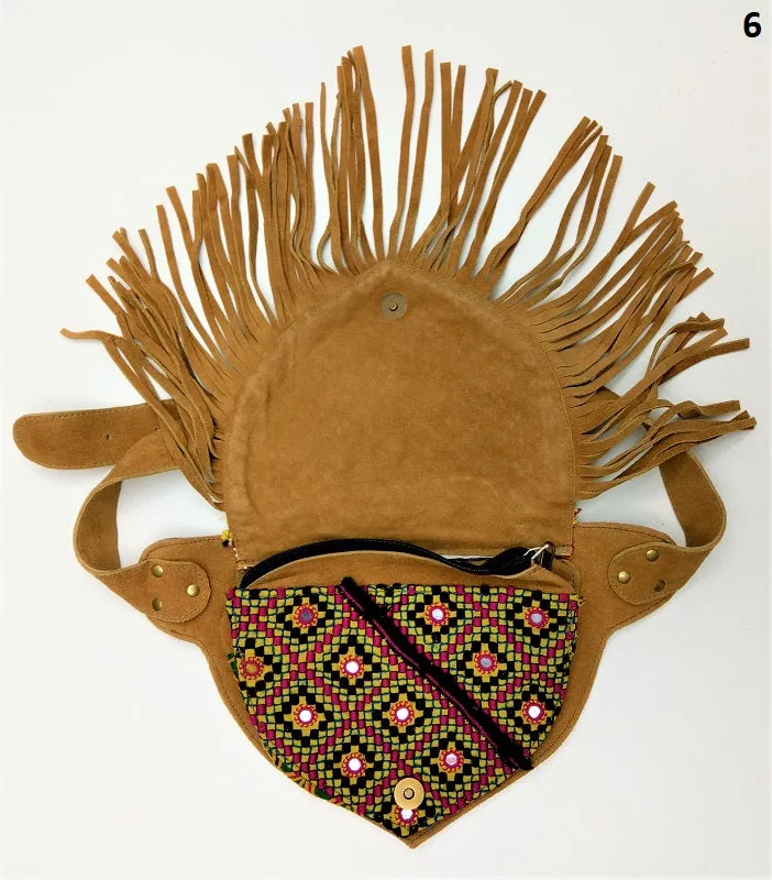 Suede fanny pack with vintage embroidered Kuchi fabrics - suède embroidered hip bag