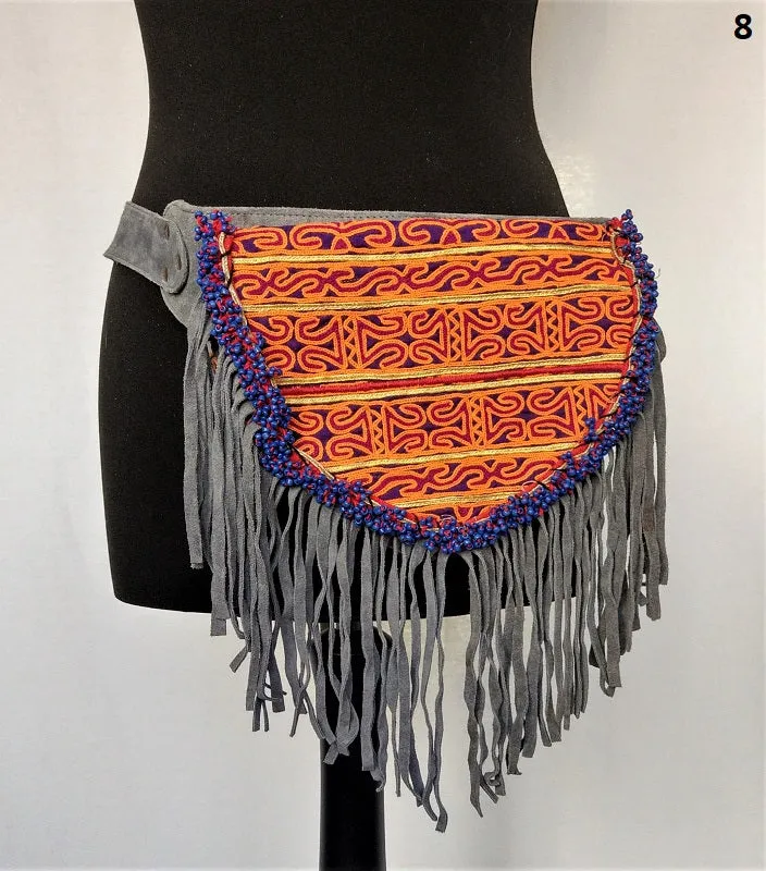 Suede fanny pack with vintage embroidered Kuchi fabrics - suède embroidered hip bag