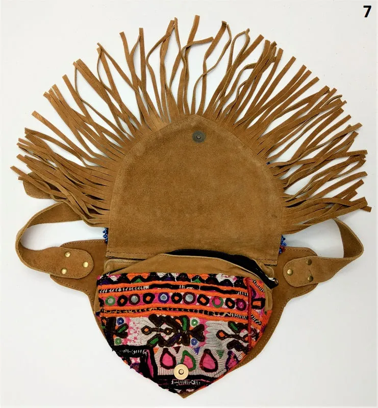 Suede fanny pack with vintage embroidered Kuchi fabrics - suède embroidered hip bag