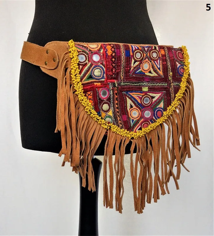 Suede fanny pack with vintage embroidered Kuchi fabrics - suède embroidered hip bag