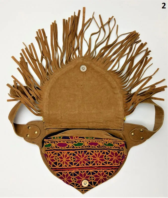 Suede fanny pack with vintage embroidered Kuchi fabrics - suède embroidered hip bag