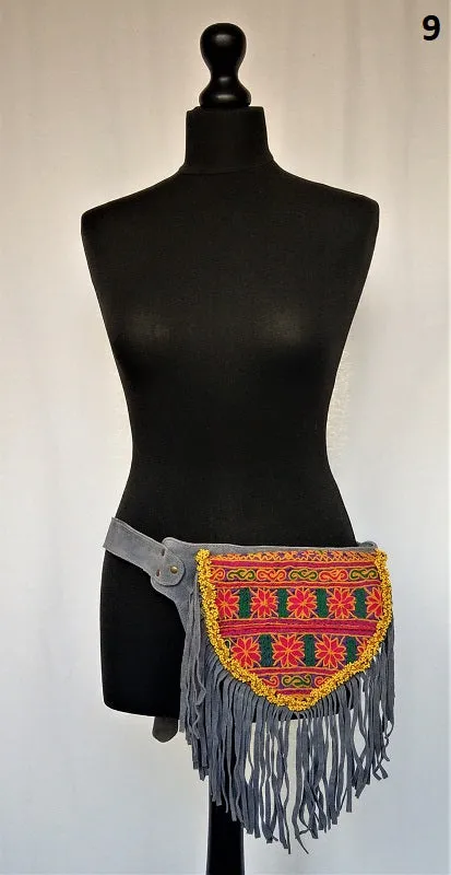 Suede fanny pack with vintage embroidered Kuchi fabrics - suède embroidered hip bag