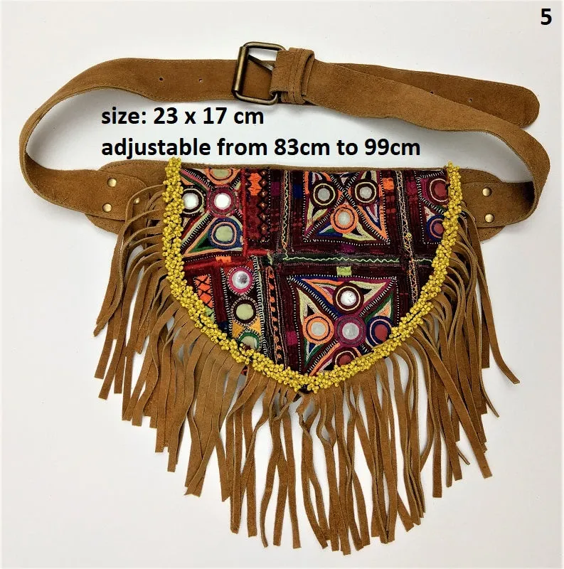 Suede fanny pack with vintage embroidered Kuchi fabrics - suède embroidered hip bag