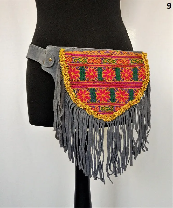 Suede fanny pack with vintage embroidered Kuchi fabrics - suède embroidered hip bag