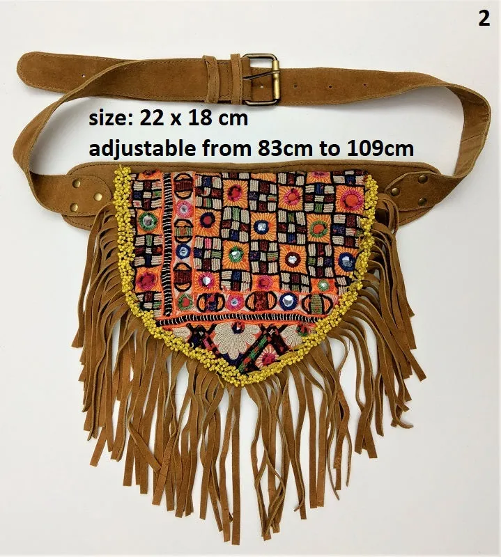 Suede fanny pack with vintage embroidered Kuchi fabrics - suède embroidered hip bag