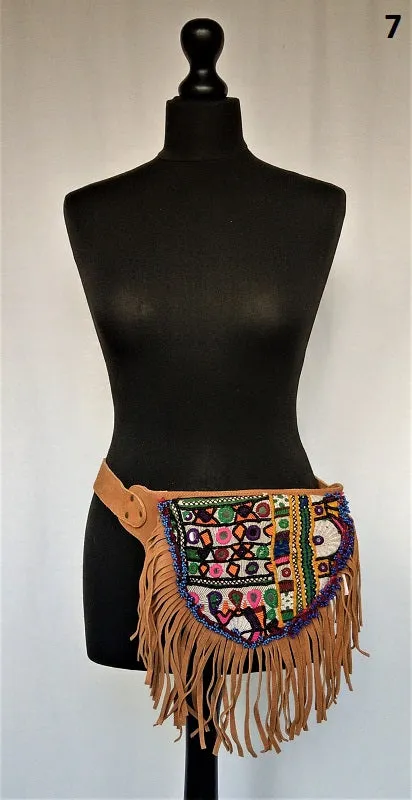 Suede fanny pack with vintage embroidered Kuchi fabrics - suède embroidered hip bag