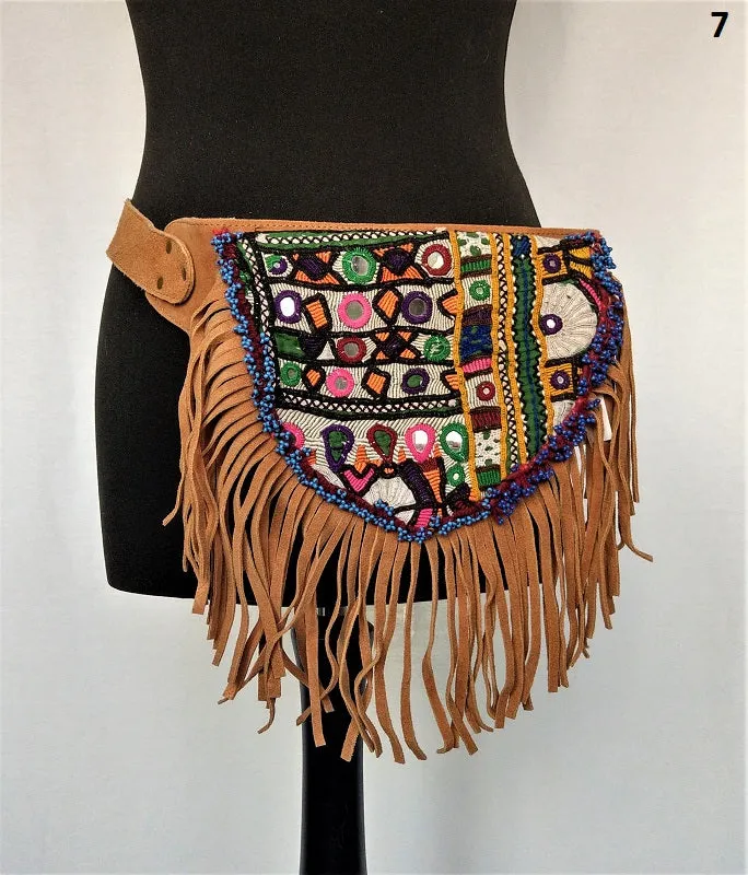 Suede fanny pack with vintage embroidered Kuchi fabrics - suède embroidered hip bag